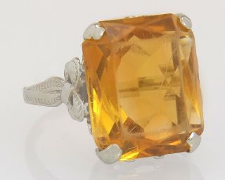 Antique 14k White Gold 8.  50ct Golden Topaz Art Deco Bow Engraved Dinner Ring