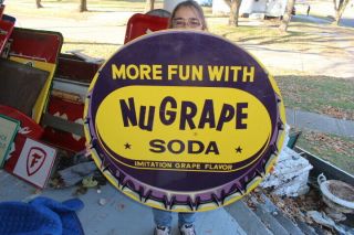 Large Vintage C.  1960 Nugrape Nu Grape Soda Pop Gas Station 36 " Metal Sign