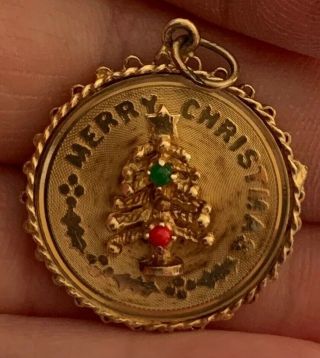 Vintage 14k Gold Red & Green Stones Merry Christmas Tree Bracelet Charm 4.  5g Fs