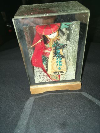Vintage Miniature Japanese Geisha Doll In Glass & Wooden Case 4” Tall With Case