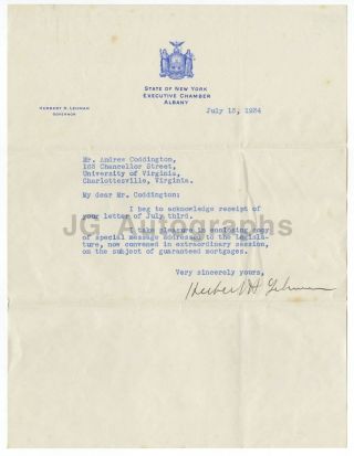 Herbert H.  Lehman - 45th Governor Of York - Signed Letter (tls),  1934