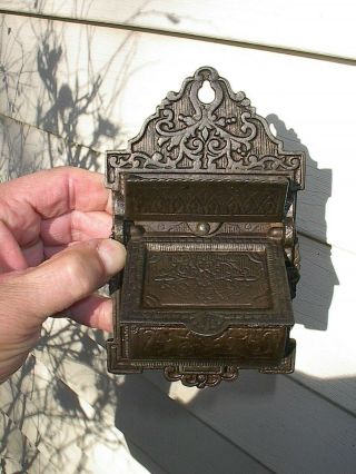 Old Ornate 1890s Antique Cast Iron 2 - Pocket Wall Match Safe For Antique Oil Lamp