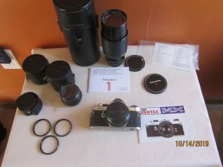 Vintage Pentax Mx 35mm Camera With 4 Lenses,  3 Filters,  & Instructions