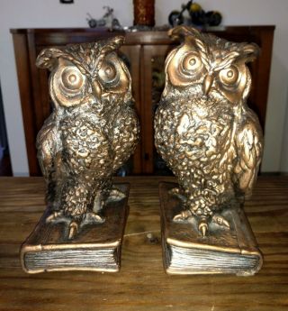 Vintage Pair Bronze - Look Ceramic Owls Perched On Books Bookends