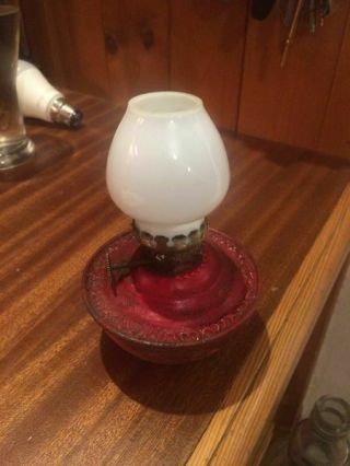 Vintage Red Brass Kelly,  Pixie,  Nursey Oil Lamp & Shade Weighted Base