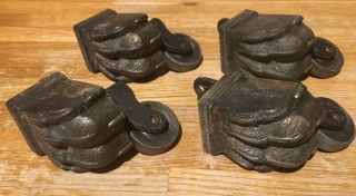 Antique Vintage Set Of Four Solid Brass Lion Claw Feet With Castors Attached
