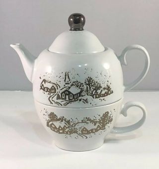 Cracker Barrel Tea For One Teapot White With Snowy Winter Scene
