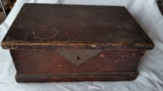 Antique Pine Wooden Box With Hinged Lid & Brass Lock For Restoration