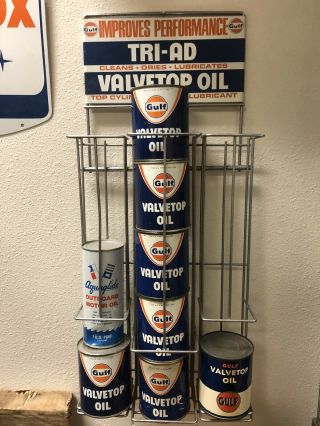 Gulf Valve Top Oil Lubricant Display Rack With Cans Vintage