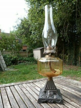 Lovely Antique Cast Metal Glass & Brass English Oil Lamp.