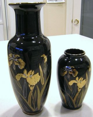 2 Vintage Asahi Japan Black & Gold Floral Iris & Dragonfly Porcelain Vases
