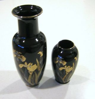 2 Vintage Asahi Japan Black & Gold Floral Iris & Dragonfly Porcelain Vases 2