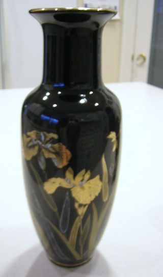 2 Vintage Asahi Japan Black & Gold Floral Iris & Dragonfly Porcelain Vases 3