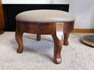 Cute Small 1930s Vintage Wooden Soft Leather Ottoman Foot Stool