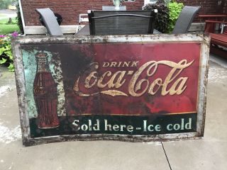 Rare Coca Cola 1930’s 57” Advertising Metal Sign “ice Cold Here”.  Coke