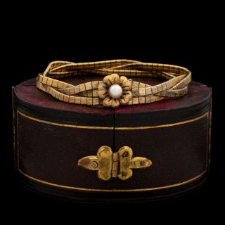 Antique Vintage Deco Retro 18k Gold Italian Faux Pearl Floral Womens Bracelet