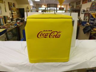 Vintage Yellow Coca - Cola Coke Cooler Metal Picnic Drink Gas Oil Soda