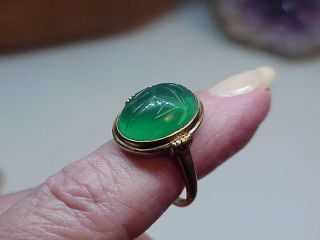 Antique Vintage Deco 10k Gold Egyptian Revival Green Jade Scarab Ring Sz 5.  5