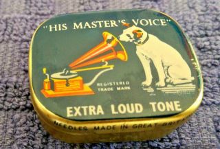Vintage Flip Top Metal Tin - " His Masters Voice " Extra Loud Tone Great Colors.
