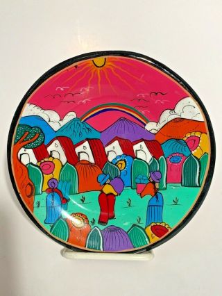 Vintage Story Plate Handmade Clay - Hand Painted Mexican Folk Art Signed 6 "