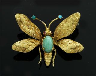 Rare Antique 18k Solid Yellow Gold With Jade & Turquoise - Bee Brooch