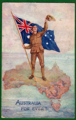 Australia Forever,  Flag,  Infantryman,  Anzac,  Slouch Hat,  Ww1 Postcard