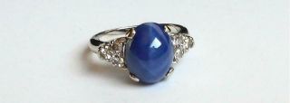 Vintage 14k White Gold Blue Lindy Star Sapphire & Diamond Ladies Ring Size 4