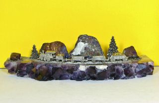 Vintage Amethyst Art Sculpture From Alaska Feat.  A Gold Mining Train Mountains