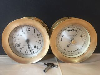 Vintage Seth Thomas Brass Ship’s Bells Clock & Barometer W Key