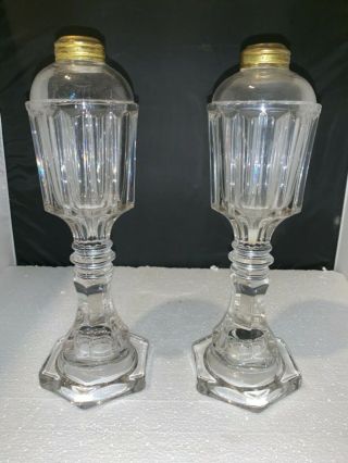 19th C Pair Whale Oil Lamp Sandwich Glass