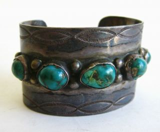 Vintage Old Navajo Indian Sterling Silver Turquoise Wide Cuff Bracelet