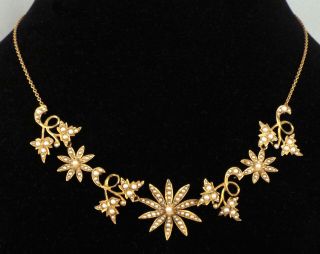 1880s - Fine Victorian 14k Yellow Gold & Seed Pearls Starbursts Necklace