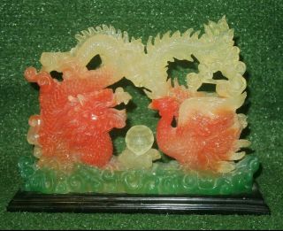 Feng Shui Chinese Japanese Dragon & Phoenix Jade Statue For Luck