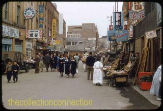 Vtg 1950s 35mm Slide Korea Street Scene Stores Signs Vendors Military Jeep R19