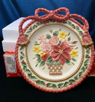 Fitz And Floyd Father Christmas Poinsettias 9 " Canape Plate 1996 Box