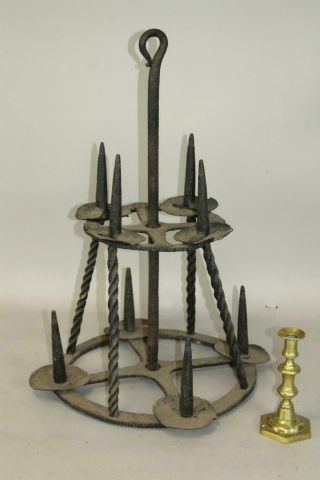 Museum Quality 17th C Pilgrim Wrought Iron 8 Pricket Candle Hanging Chandelier