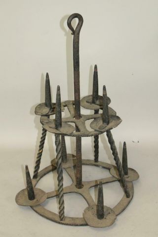 MUSEUM QUALITY 17TH C PILGRIM WROUGHT IRON 8 PRICKET CANDLE HANGING CHANDELIER 2