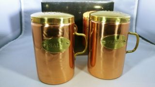Vintage Copper Salt & Pepper Set With Brass Handle