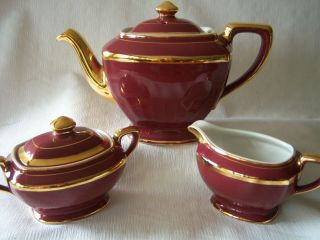Vintage Hall China Hollywood Teapot Set 0113s 6 Cup W Cream & Sugar Maroon/gold