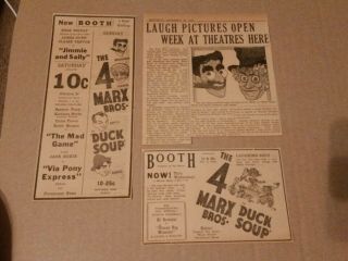 1937 4 Marx Brothers In Duck Soup Movie Newspaper Ads & Article