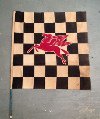 Old Vintage Mobil Oil Gas Racing Checkered Flag Sign With Pegasus Graphic Sign