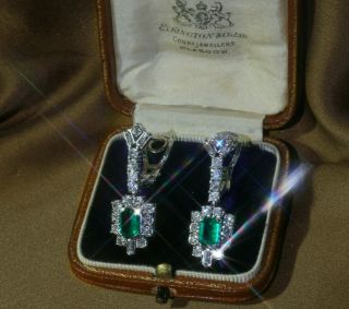 Platinum Emerald Diamond Colombian Earrings Victorian Vintage Fine 3.  35 Carats