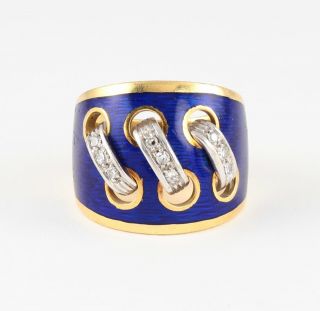 Wide Heavy Solid 18ct 18k Gold Ring With Diamond & Blue Guilloche Enamel
