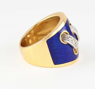 Wide Heavy Solid 18Ct 18K Gold Ring With Diamond & Blue Guilloche Enamel 2