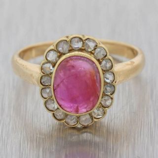 1880 Antique Victorian 18k Yellow Gold Cabochon Ruby Rose Diamond Cocktail Ring