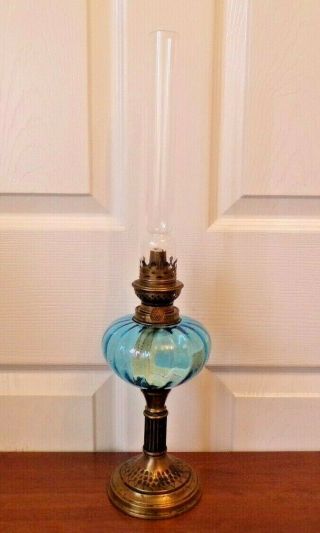 A Pretty Vintage French Oil Lamp With Kingfisher Blue Glass Font Order