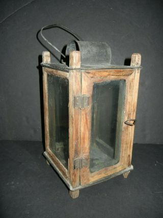 Primitive Early 19th Century Peg Construction Wood & Tin Candle Lantern