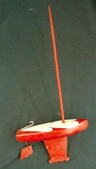 Vintage Pond Yacht Boat Sailboat Red / White Weighted Keel W/ Mast 11 "
