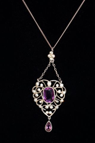 Lovely Antique French 800 Silver Jeweled Heart Amethyst Pendant Necklace Wow
