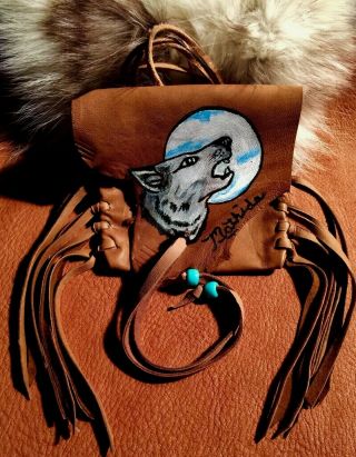 " Howling Wolf " Hand Painted Lambskin Medicine Bag,  With Fringe And Pony Beads.